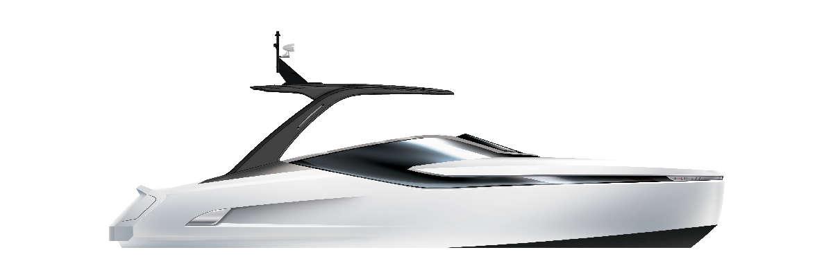 A sleek white motorboat with a black roof and a small flag on top, showcasing modern design and elegance.